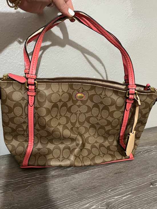 Coach Handbags - Pink vintage monogram Coach Brown Signature Canvas Tote with Coral Trim